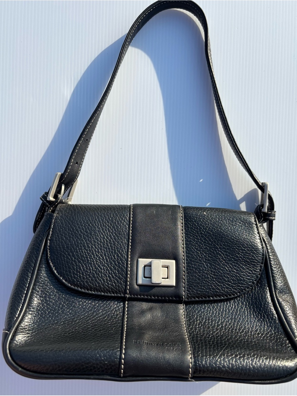 Kenneth Cole Black Pebbled Leather Shoulder Bag with Turn-Lock